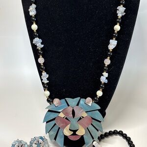 Lee Sands Lion Mosaic Statement Jewelry Set Necklace Bracelet Earrings